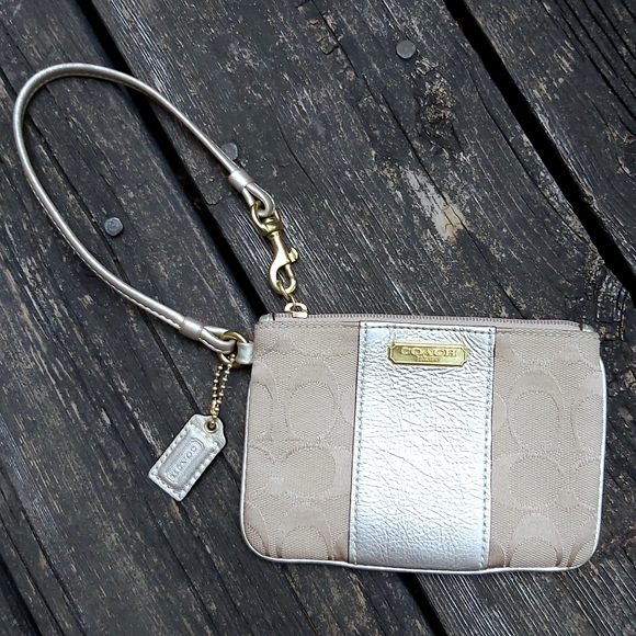 Coach Beige Signature With Gold Accent Wristlet - Picture 1 of 7